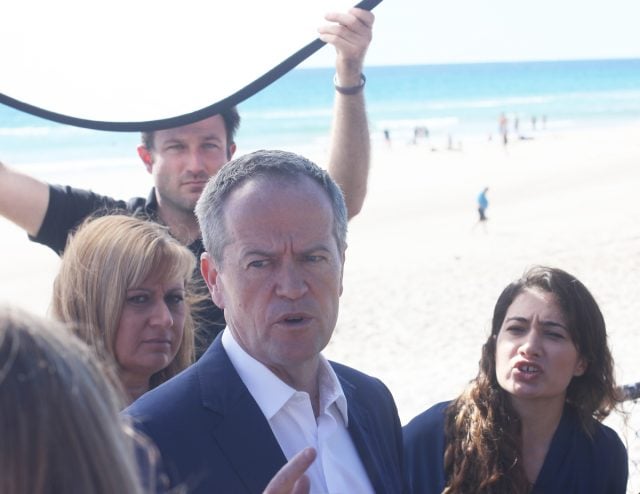 Opposition leader Bill Shorten braved the media pack at Cudgen Headland yesterday (Sunday, May 15) for a media announcement - fully dressed. Photo Hans Lovejoy