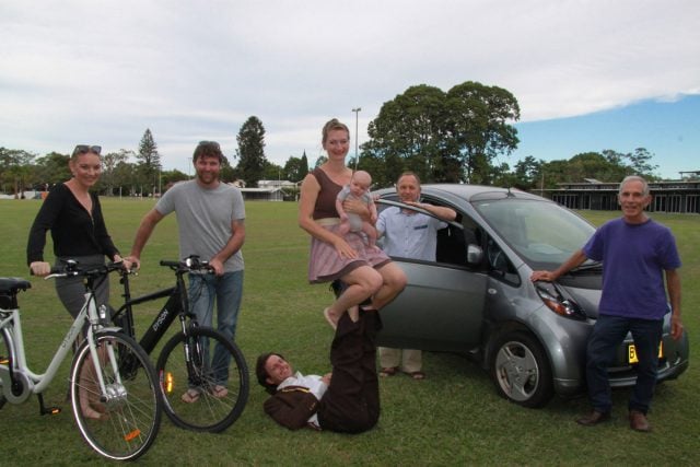 World Environment Day festival activities aplenty: Tyalgum Energy Project coordinator Kacey Clifford (left) and project manager Andrew Price, with members of acrobatic family The Pitts Family Circus, Enova director Robert Rosen (in his new electric car, which will be on display at the festival), and Caldera Environment Centre representative and festival organiser Ari Ehrlich. Photo supplied