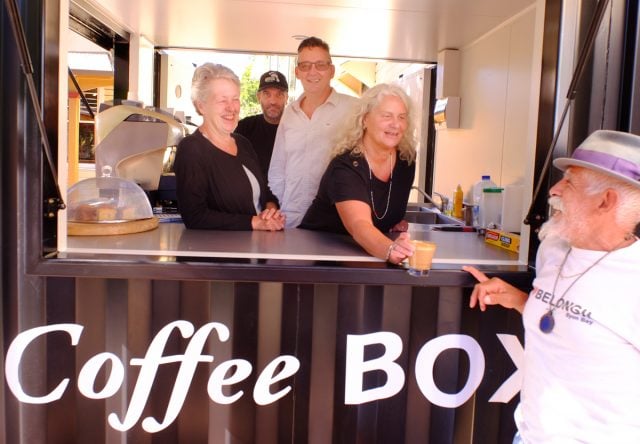 Anne Goslett from the Shift Project hands Jaimini some java with Liberation Larder’s Helen Hamilton. Also pictured is Rodney Contojohn and Cr Paul Spooner from the Byron Community Centre. Photo Jeff Dawson
