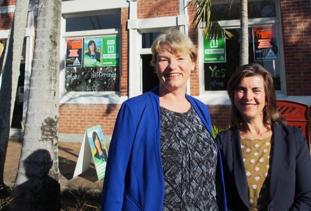 Greens Senator Janet Rice (left) with Richmond candidate Dawn Walker outside the party's electoral office in Mullumbimby. Photo contributed