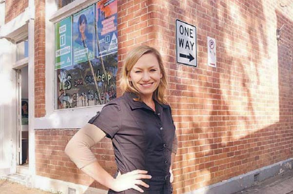 Co-deputy leader of the federal Greens, Larissa Waters, was in the shire Monday to support candidate Dawn Walker. She’s pictured in front of the new campaign HQ in Mullumbimby. Photo Jeff ‘Mixing Banks And Greens’ Dawson