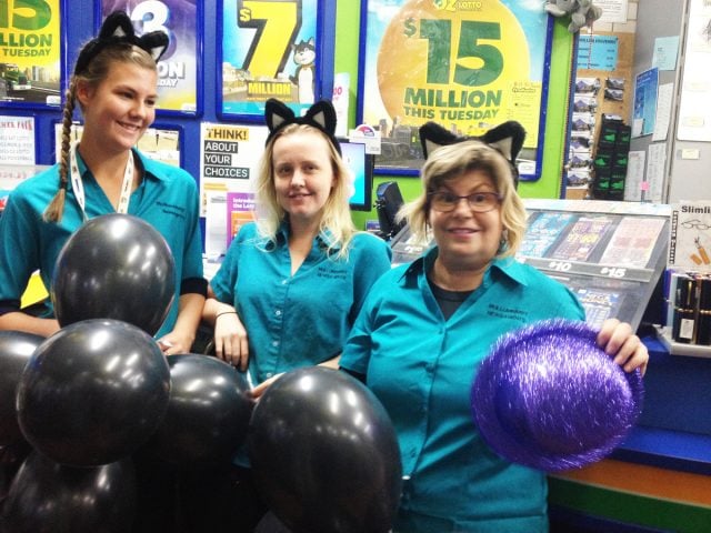 Mullumbimby Newsagency staff are on the lookout for the holder of a winning ticket in last week's Black Cat Superdraw. Photo Chris Dobney