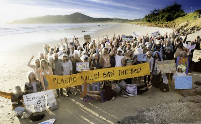 The Byron Mermaids calling for an end to plastic bags in the shire. (supplied)