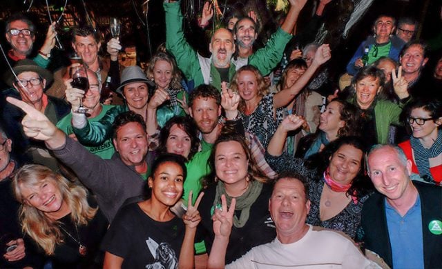 "Quietly confident': Byron Greens celebrating on election night at the Poinciana Cafe. Photo Jeff Dawson