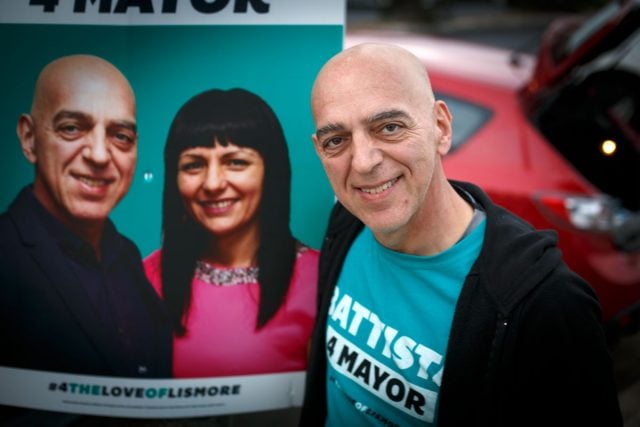 Lismore mayoral candidate Gianpiero Battista at the St Paul's Church booth on Keen Street on Saturday. Photo Eve Jeffery.