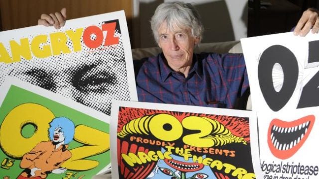Richard Neville with his favourite covers from both the Australian and London editions of Oz Magazine. Picture: Craig Wilson/The Australian