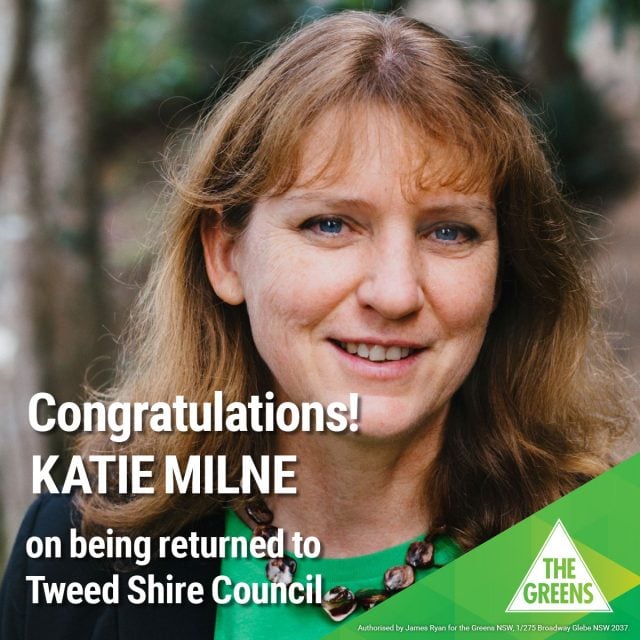 The Greens' ad congratulating outgoing mayor Katie Milne on her re-election to Tweed Shire Council.