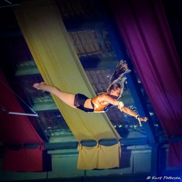 A Circus Arts performer flies through the air. Photo: Kurt Petersen