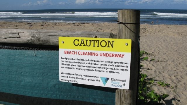 Main Beach at Evans Head remains contaminated with shells from dredging. (supplied)
