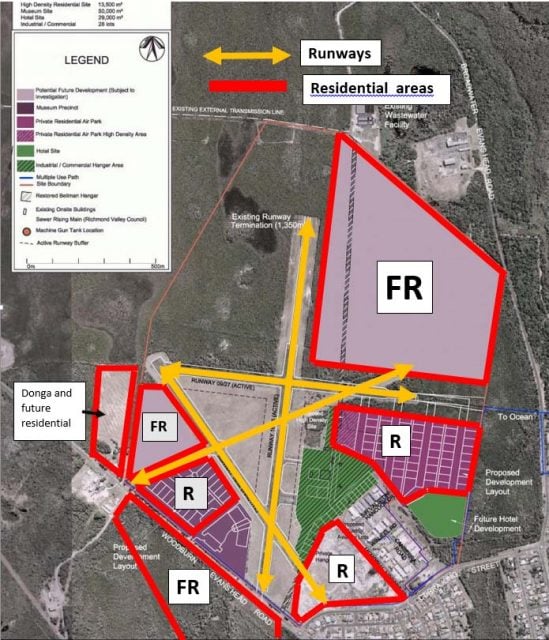 The composite picture shown here and prepared by the Evans Head Memorial Aerodrome Committee is an overlay on one of the plans for the DA for the Airpark Proposal.