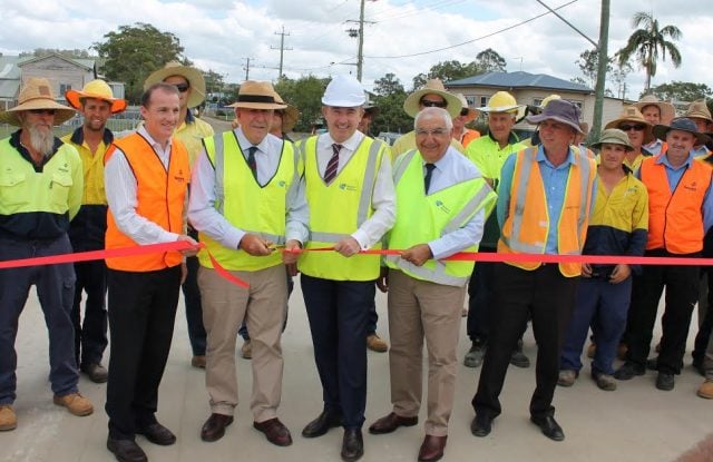 Lismore Mayor Isaac Smith, Minister for Roads, Maritime and Freight Duncan Gay, Federal Member for Page Kevin Hogan and Lismore MP Thomas George opening the Wilson Street Bridge. (supplied)