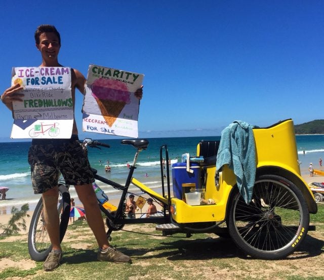The first time Hugo sold ice cream with his pedicab helping! Photo supplied by Hugo Crabb
