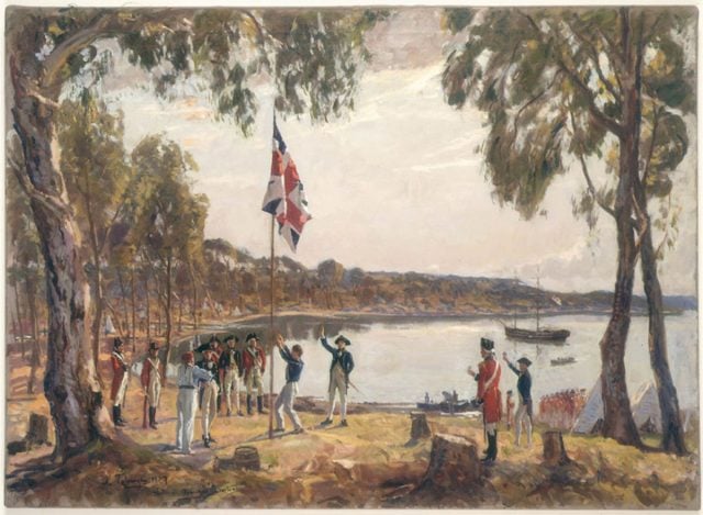 The Founding of Australia. By Capt. Arthur Phillip R.N. Sydney Cove, Jan. 26th 1788, Algernon Talmadge R.A, 1937. State Library of NSW