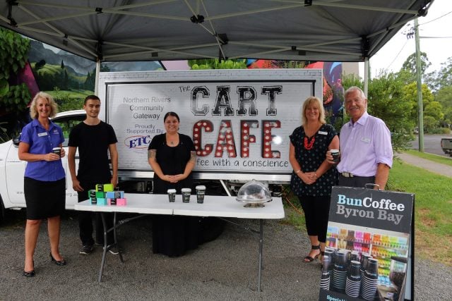 Cart Supervisor Michelle Renshaw, Cart Café’s Barista David Barnes, ETC CEO Jenny Barnett, ETC Board Chairman Rod McKelvey, ETC Transition to Work Manager Toni Bellos. (supplied)