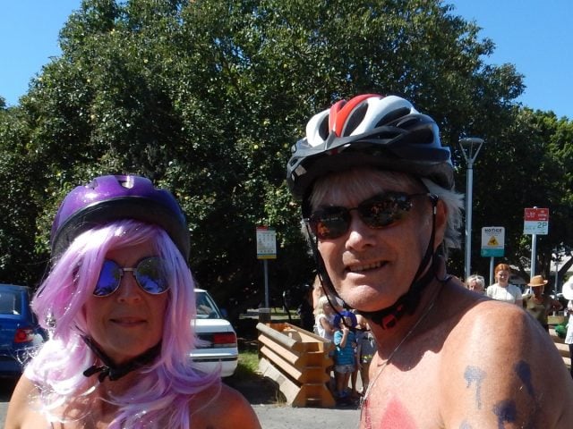 Paul Beard and his partner at Byron's WNBR just nine weeks after a double lung transplant and triple heart bypass. Photo Paul Beard