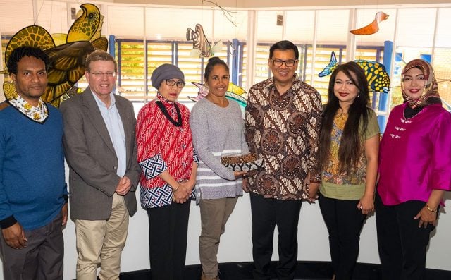 From left Herman Dimora, Consul for Culture and Information, Byron Shire Council's director of corporate and community services, Mark Arnold, Yoen Yahya, Delta Kay, and the Indonesian Consul-General Yayan GH Mulyana, his wife and supporter. Photo Jeff Dawson