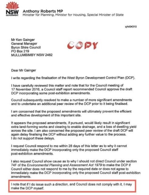 The letter from planning minister Anthony Roberts demanding Byron Shire Council push through the DCP for West Byron. 
