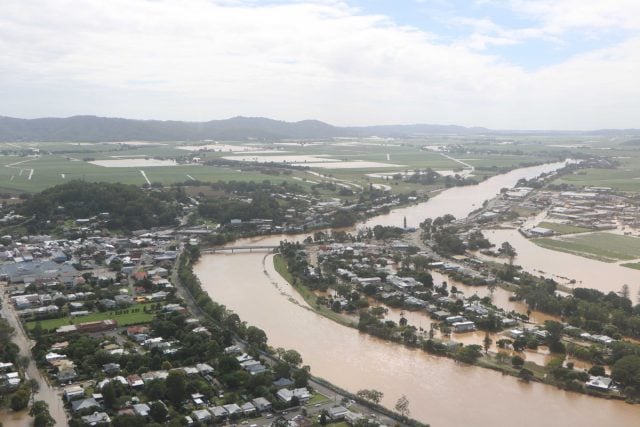 An aerial view of some of the flooding in Murwillumbah in March.  Photo supplied