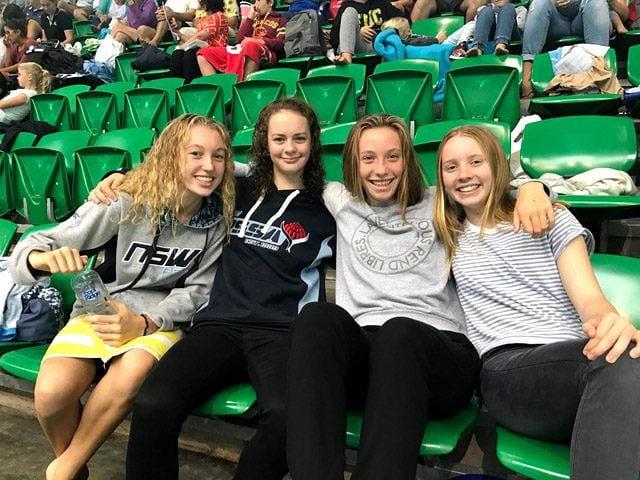 Local juniors including Mollie Cheek, Charlotte Archibald, Meg Porter and Gemma Edwards put in a great effort at the swimming state finals held in Sydney. Photo supplied