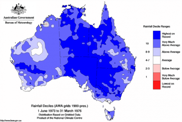  March 2017 rainfall across Australia. Tropical Cyclone Debbie’s track down the east coast is visible in the trail of above-average falls. Bureau of Meteorology 