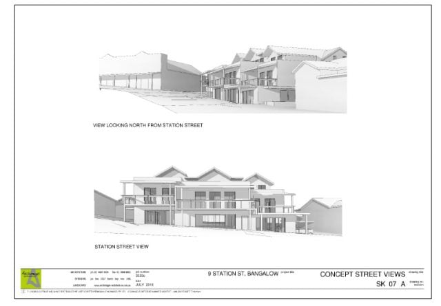 Architects drawings for the new DA presented by Gordon Highlands Pty Ltd for 9 Station Street, Bangalow.