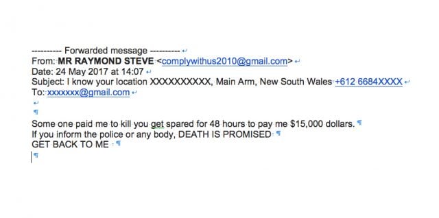The crude death threat email received by a Main Arm resident on Wednesday.