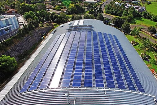 Lismore Community Solar Project 's solar farm on the roof of the Goonellabah Sports & Aquatic Centre. Photo courtesy Rainbow Power Company.