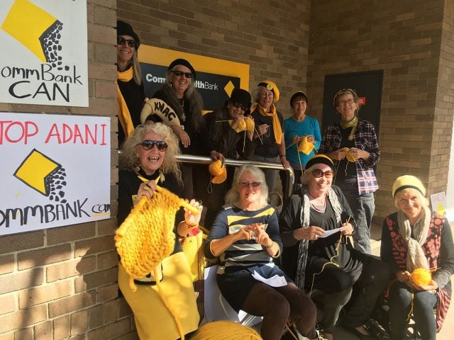 The Knitting Nanna 'knit in' took place on Friday, 2 June outside the Commonwealth Bank in Mullumbimby. They are requesting that the CBA cut all ties with Adani. Photo supplied. 