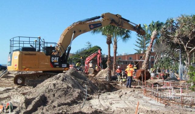 Contractors plant one of the new palm trees at Kingscliff Central Park's upgraded cenotaph area, as landscaping in the park progresses. Photo Tweed Shire Council 
