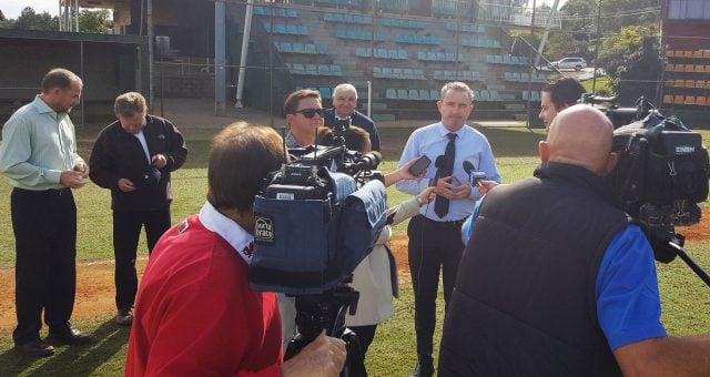 Kevin Hogan, Thomas George and Isaac Smith at today’s million dollar announcement for Lismore’s Albert Park Baseball complex. Photo supplied.