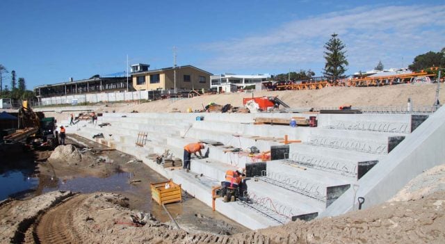 Work forges ahead on the concrete steps linking Kingscliff Central Park and the beach. Photo Tweed Shire Council. 