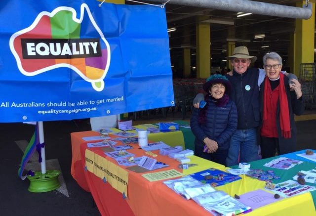 Lismore resident Ros Jennings and former councillor Simon Clough, and former mayor Jenny Dowell at the Marriage Equality stand at the Lismore Car Boot Market yesterday. 