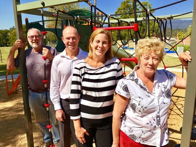 Preparing for a public celebration to officially open the Tyalgum village's upgraded Memorial Park and new skate park … Tyalgum Community Consultative Group members Mic Julien (left) and Finola Horlin (right), with Council's Coordinator Waste Management, Rod Dawson, and Community Development Officer - Families and Youth, Sylvia Roylance.