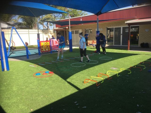 Students doing a circuit in the new internal playground at Biala Special School. Photo supplied. 