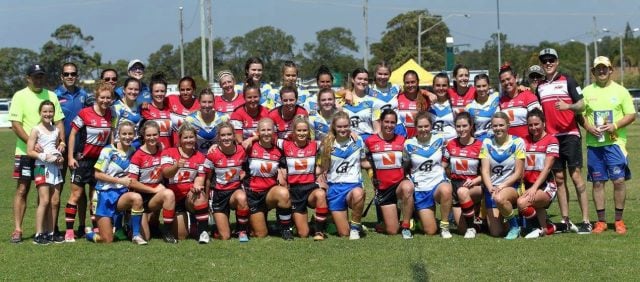 The Byron Bay (red) women’s tag-league team had a good win over Murwillumbah last weekend to earn a place in the first grandfinal of the inaugural Northern Rivers Regional Rugby League competiton. Photo supplied