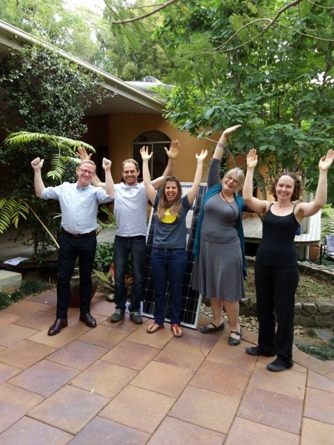 Repower Byron Shire Launch From left – Ben Franklin, Renewable Energy Secretary, Dave Rawlins, COREM, Sandi Middleton, Enova Community Cr Jeanette Martin, Byron Shire Council and Tiffany Harrison, Zero Emissions Byron. Photo supplied.