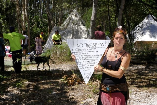 One of Lois Cook's supporters protesting the dismantling of her camp. Photo Jeff Dawson. 