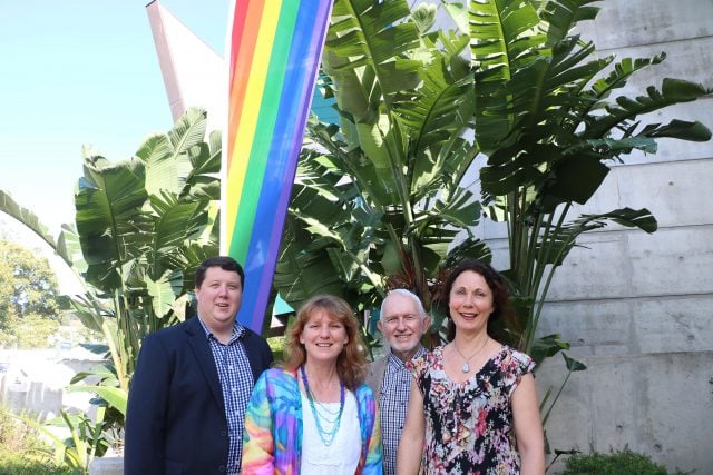 Showing support for a 'Yes vote, with the rainbow banner outside the Tweed Heads Administration Building are (from left): Deputy Mayor, Cr Reece Byrnes, Mayor Cr Katie Milne, Cr Ron Cooper and Cr Chris Cherry. Photo supplied.