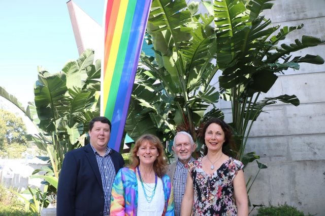 Showing support for a 'Yes vote, with the rainbow banner outside the Tweed Heads Administration Building are (from left): Deputy Mayor, Cr Reece Byrnes, Mayor Cr Katie Milne, Cr Ron Cooper and Cr Chris Cherry. Photo supplied. 