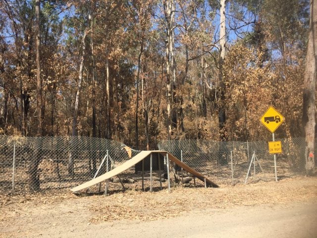 This 'wildlife escape hutch' constructed by RMS provides no access for animals out of burnt areas. Photo Norm Sanders.