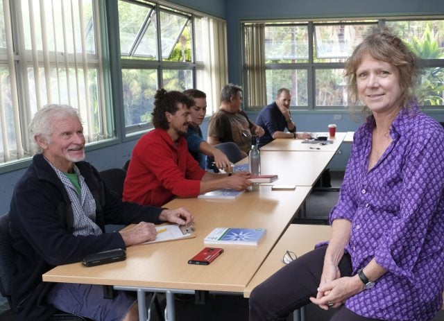 Ken Bright and other members of the Mullum Men’s Shed and the Repair Cafe doing the mental health first aid (MHFA) training with Jane Conway, MHFA accredited trainer. Photo Jeff Dawson. 