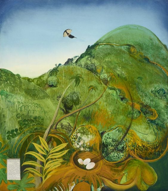 Brett Whiteley. The green mountain (Fiji) 1969: oil, collage on cardboard,137 x 122 cm board. Art Gallery of New South Wales Gift of Patrick White 1979 © Wendy Whiteley Photo: AGNSW