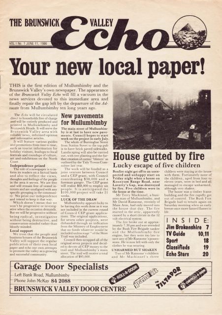 Your new local paper. The front cover of the first ever Echo. 