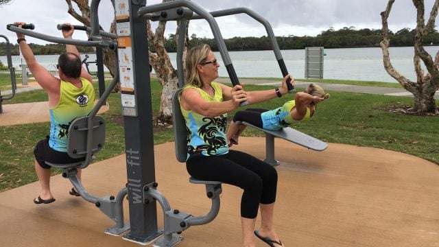  Tweed Dragon Boat Club members Geoff Holdsworth, Deb Sirach and Colleen Drysdale are using the new John Follent Park exercise equipment for their cross-training. Photo TSC