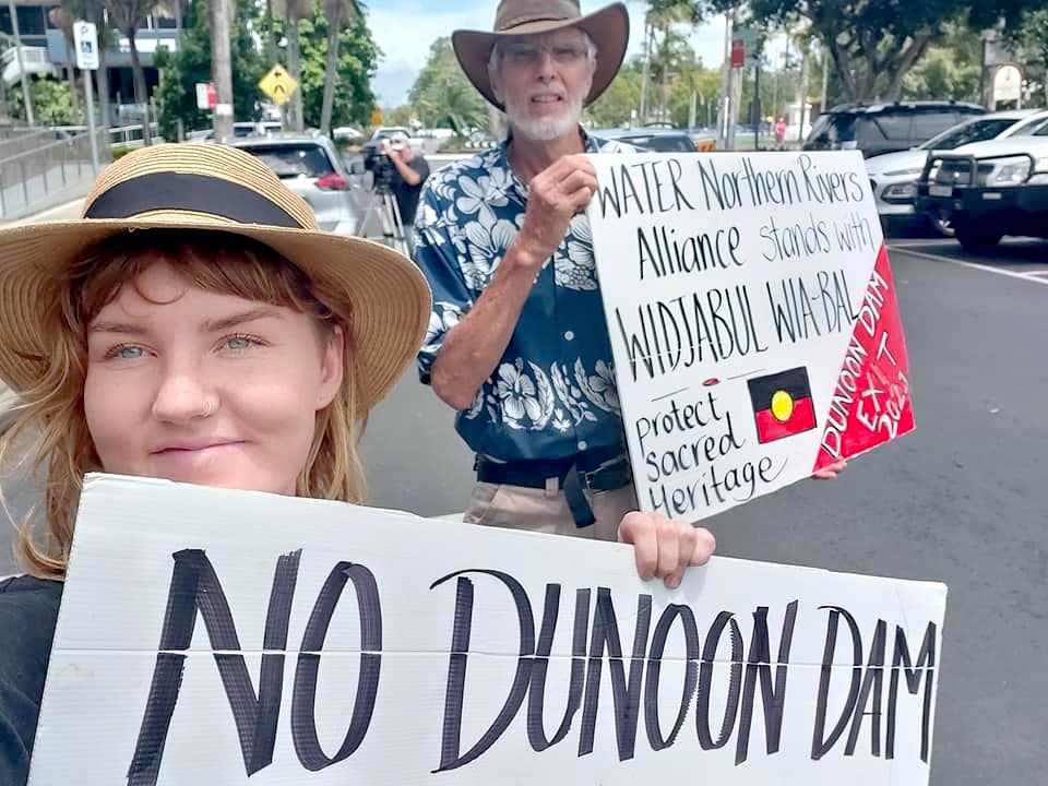 Protectors Maddy-Rose Braddon and Hugh Nicholson outside a 2020 Rous County Council meeting in Lismore. Photo supplied