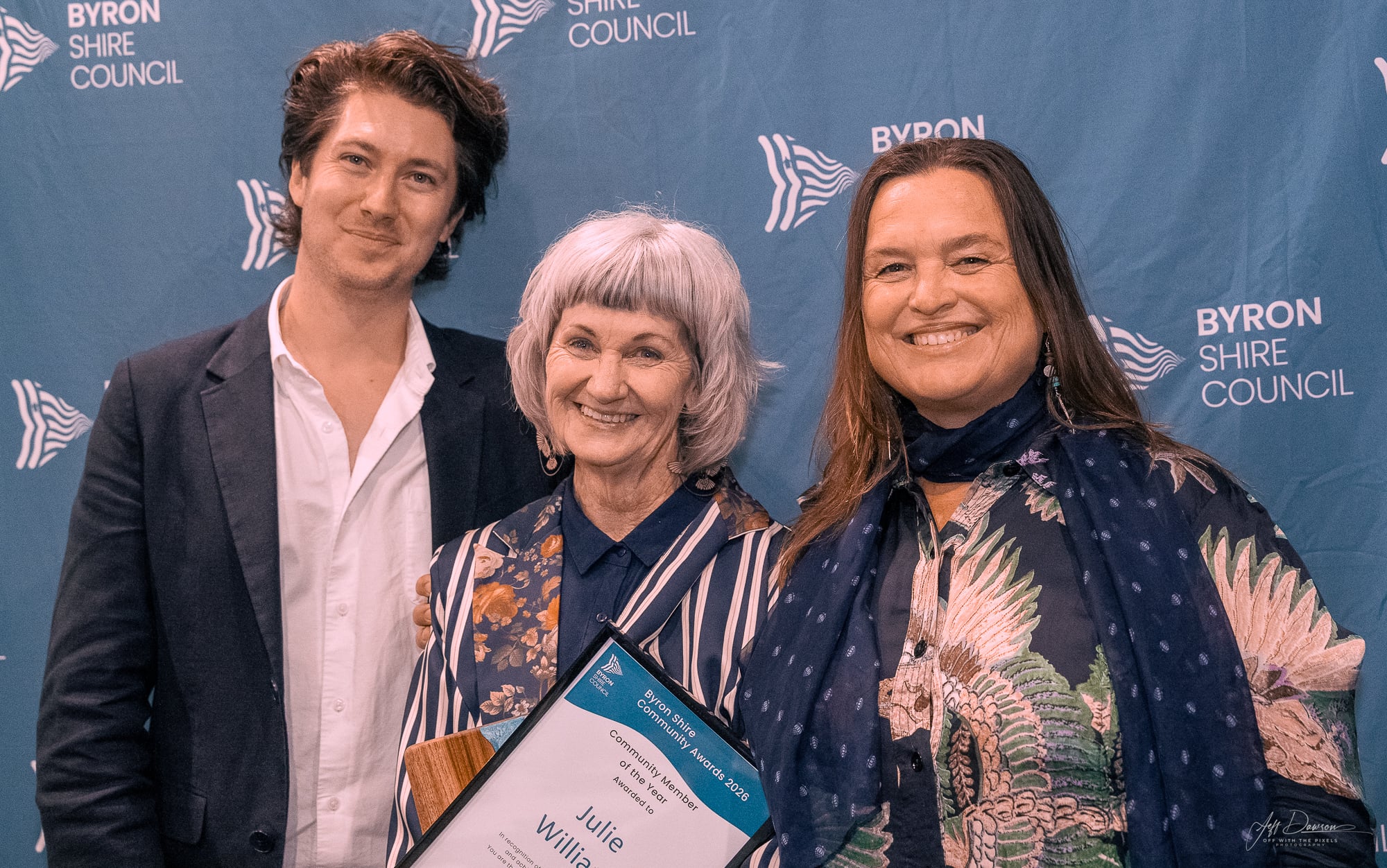 Julie Williams, Byron Shire Community Member Of The Year, with Mayor Sarah Ndiaye and Deputy Mayor Jack Do